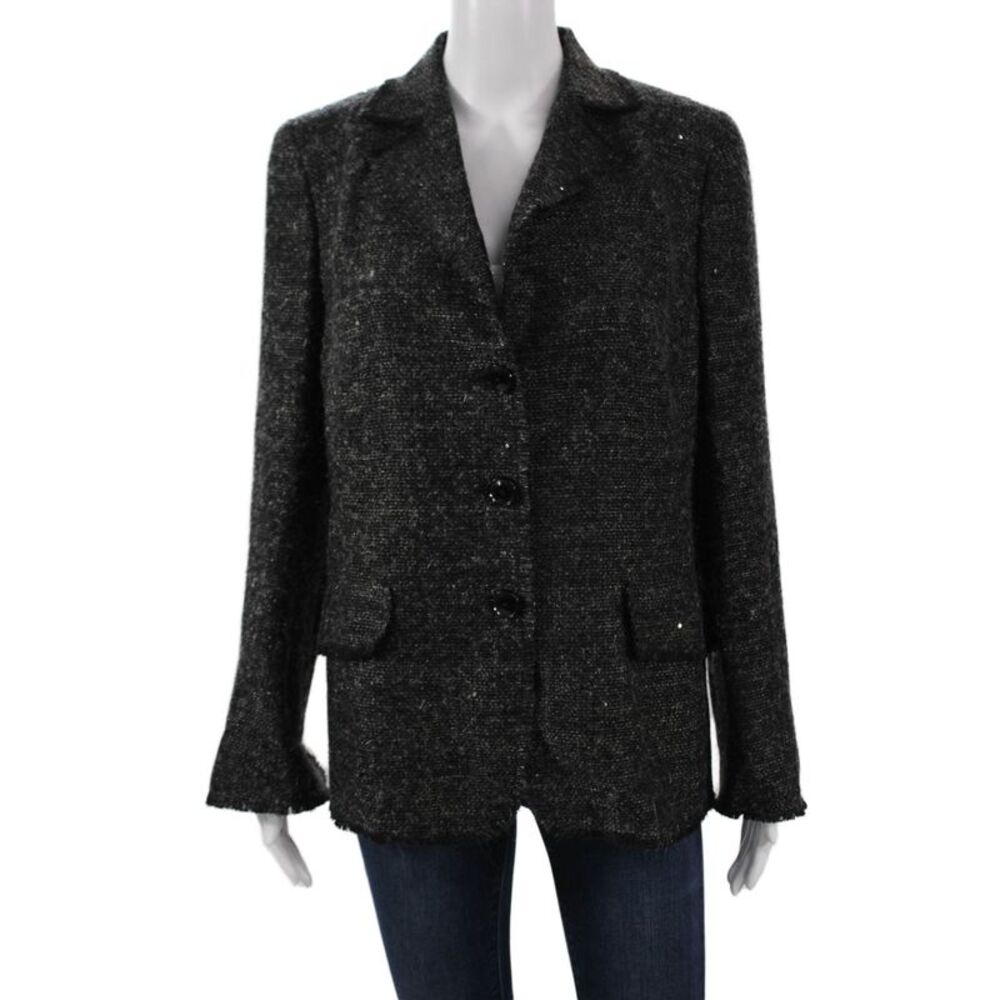 Akris Women Dark Gray Collared Wool Angora Blend Blazer Button Size 12